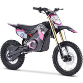 A vibrant pink dirt bike displayed against a plain white background, highlighting its sporty features and design.